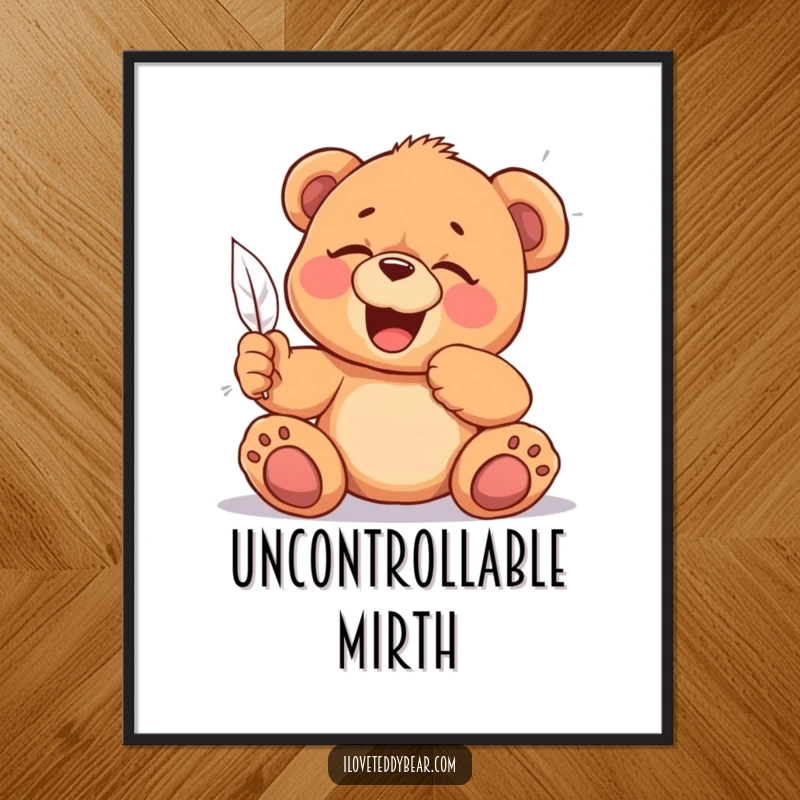 Funny Tickled Teddy Bear Digital Art Print: High-res art of a teddy bear giggling from a feather tickle, radiating pure amusement, perfect funny gift download.