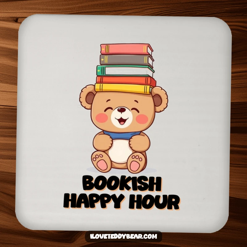 Funny Coaster Set: Giggling teddy bears humorously balance colorful books on their heads, protecting surfaces with bookish fun.