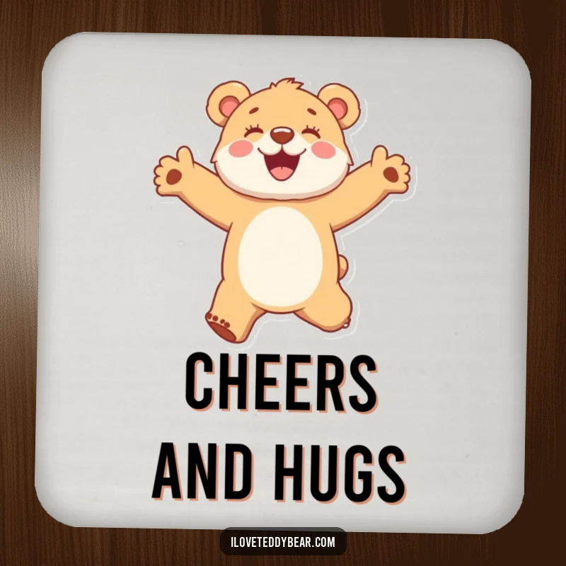 Funny drink coaster with a fuzzy bear cub jumping joyfully with arms outstretched, offering stylish surface protection.