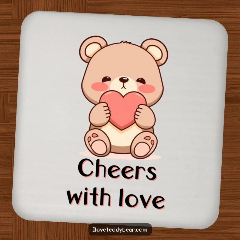Funny shy bear coasters, bear offering a single large heart with a blush, cute cartoon art, table protection.