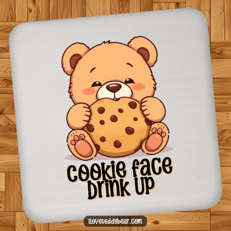 Funny teddy bear drink coaster with a bear making a funny face while trying to eat a giant cookie discreetly.