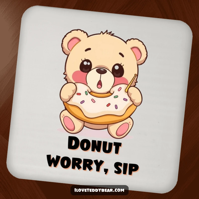 Funny Coaster Set: Surprised teddy bears with wide eyes catch giant falling donuts, adding a whimsical and sweet touch to your drink area.