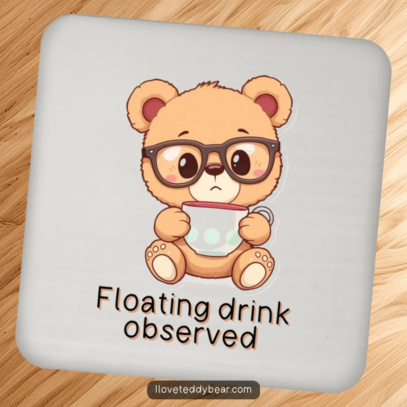Funny drink coaster featuring a teddy bear in oversized glasses, surprised by a floating teacup, adding whimsical charm.