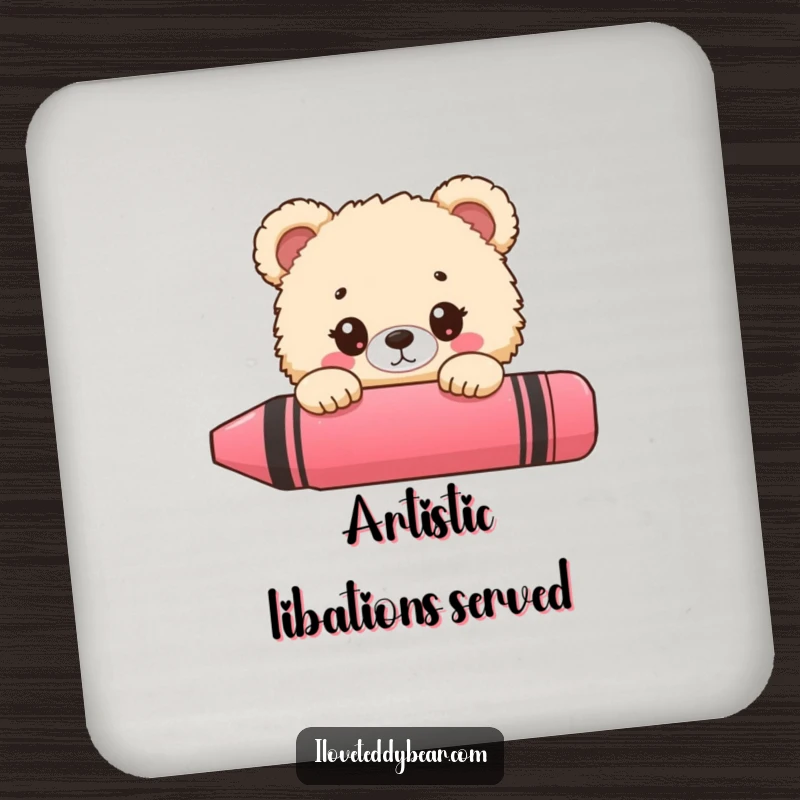 Funny bear coasters, fluffy bear peeking behind a giant crayon, wide-eyed curiosity, artistic drink protection.