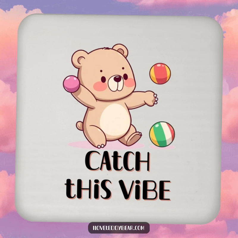 Funny drink coasters with a bear juggling three balls, one falling, adding humorous protection to surfaces.