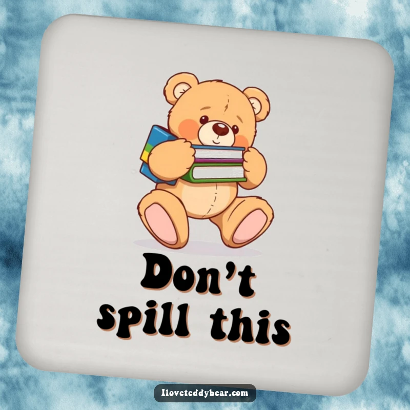 Funny coaster showing a clumsy teddy bear tripping over its feet while carrying books, a humorous addition to any table. Great funny gift.