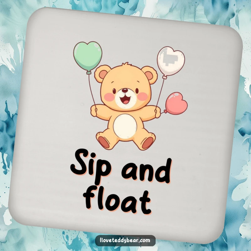 Funny coaster showing a cheerful teddy bear attempting flight with balloon wings, a humorous and inspiring image. Great funny gift.