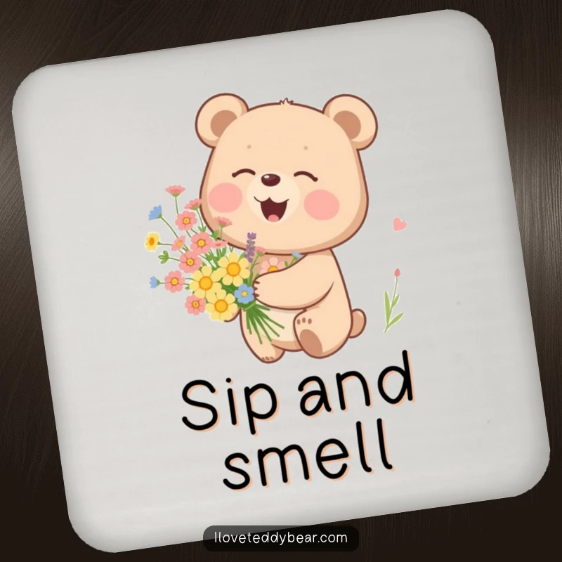 Funny drink coasters featuring a bear giggling sweetly while holding a bouquet of wildflowers, perfect for any table setting.