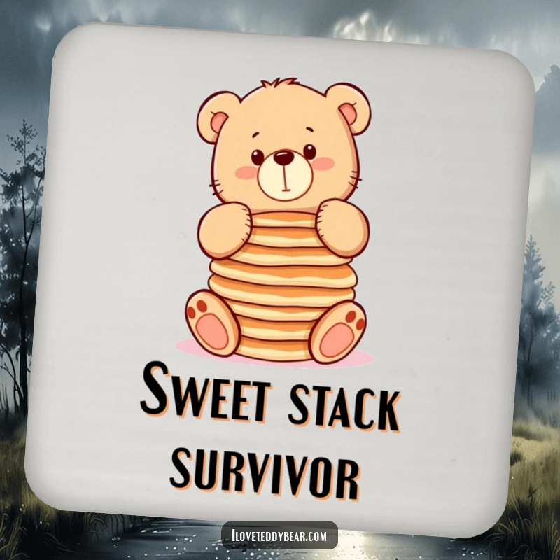 Funny drink coaster with a chubby teddy bear trying to balance pancakes, adding a humorous breakfast touch to tabletops.