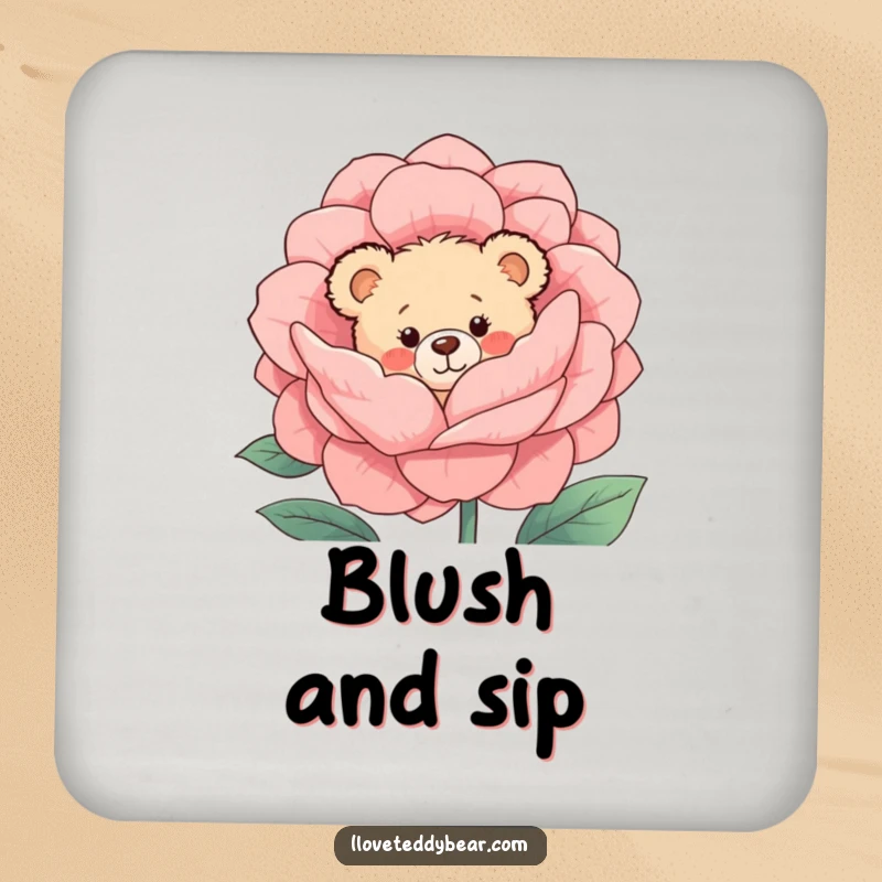 Funny Coaster Set: Shy teddy bears with rosy cheeks peek from behind blooming flowers, adding a touch of bashful charm to your coasters.