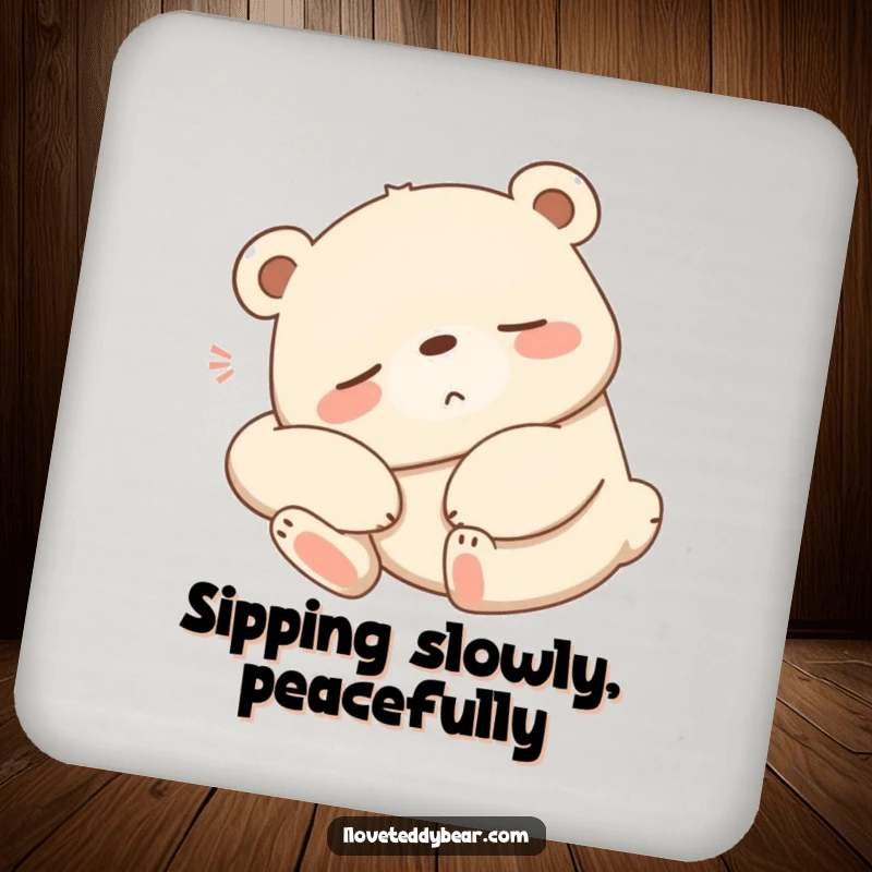 Funny sleepy bear coasters, bear stretching lazily with a contented sigh, relaxing cartoon art, table protection.