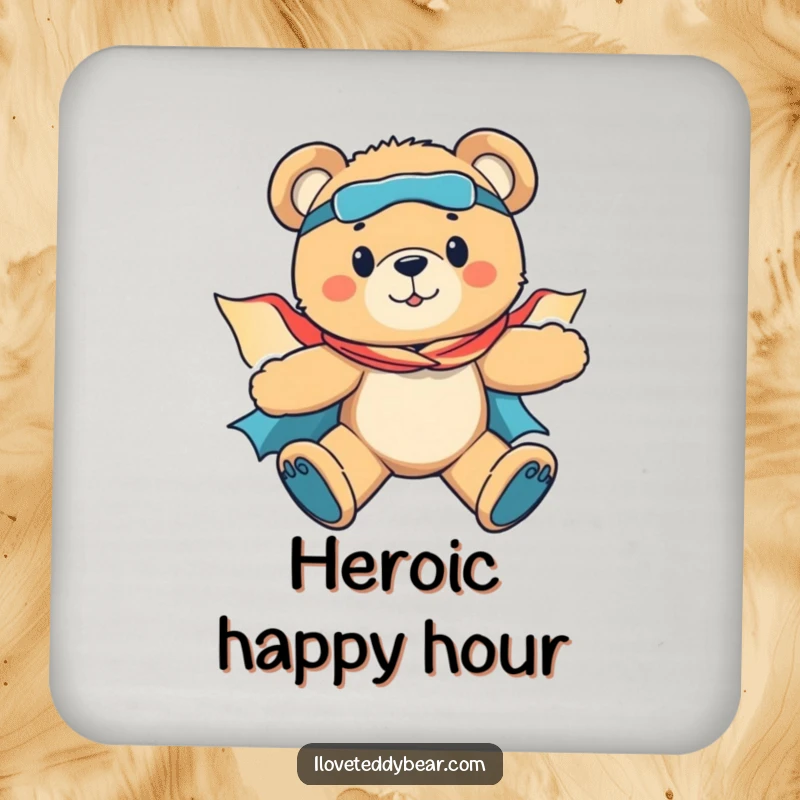 Funny drink coaster featuring a brave teddy bear superhero flying with its cape, adding a touch of heroic charm to beverage service.