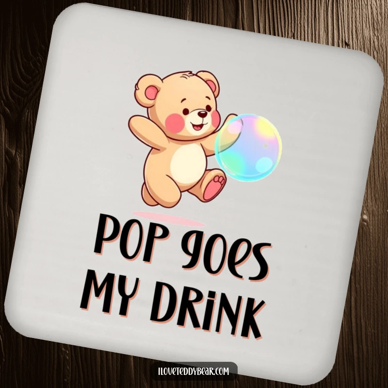 Funny Teddy Bear Coaster: A teddy bear joyfully chasing a large, iridescent bubble, protecting surfaces with charm.