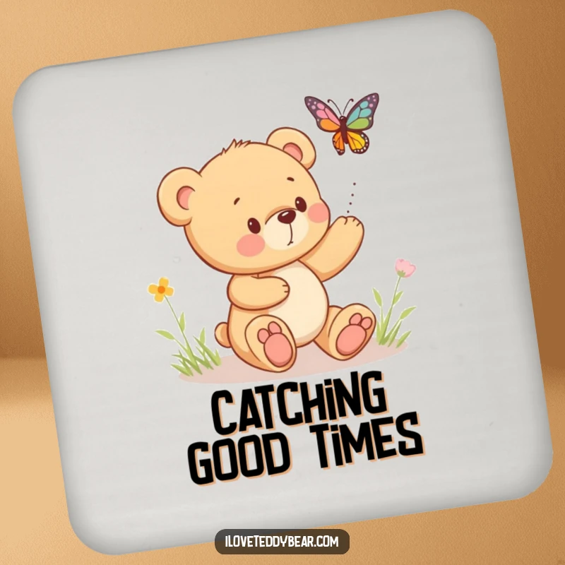 Funny drink coasters featuring a teddy bear playfully chasing a bouncing butterfly, adding a touch of charm to any table.