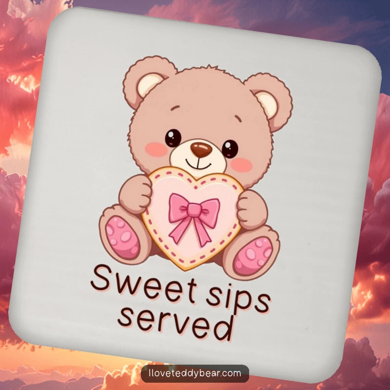 Funny Teddy Bear Cookie Coaster: A teddy bear proudly presents a heart cookie with a bow, offering sweet protection.