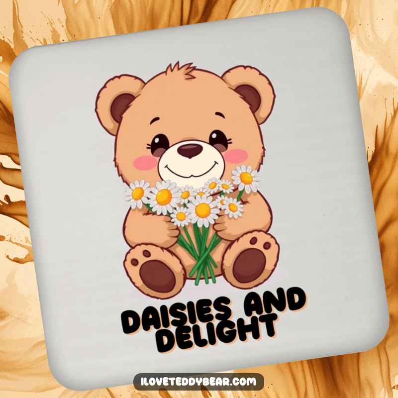 Funny Drink Coaster featuring a teddy bear with a goofy grin, offering a bouquet of daisies, bringing sweet charm to tabletops.