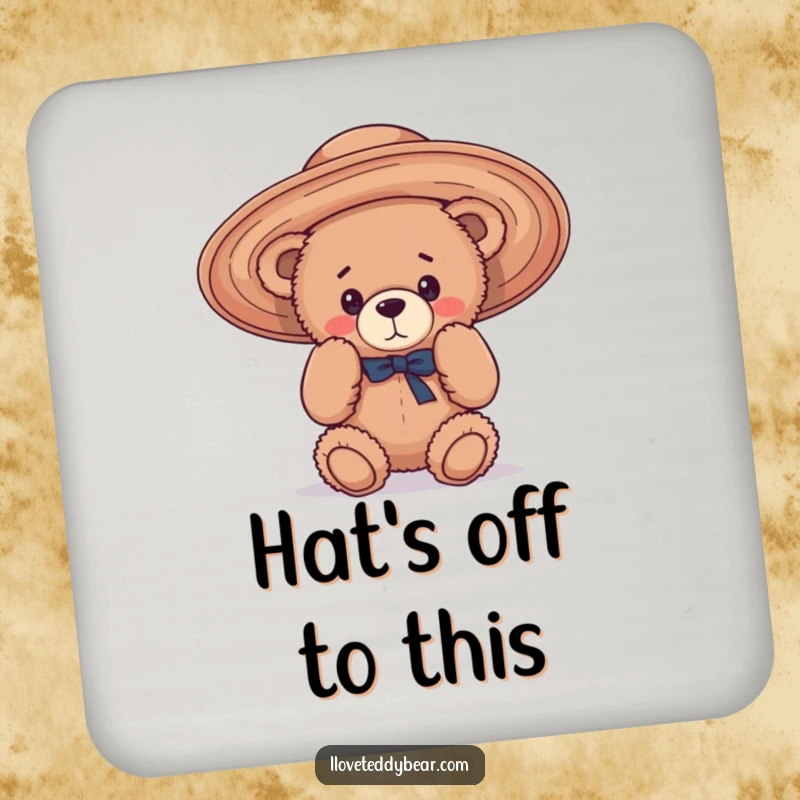 Funny Drink Coaster featuring a teddy bear hilariously attempting to wear an oversized, floppy hat, bringing amusement to tabletops.