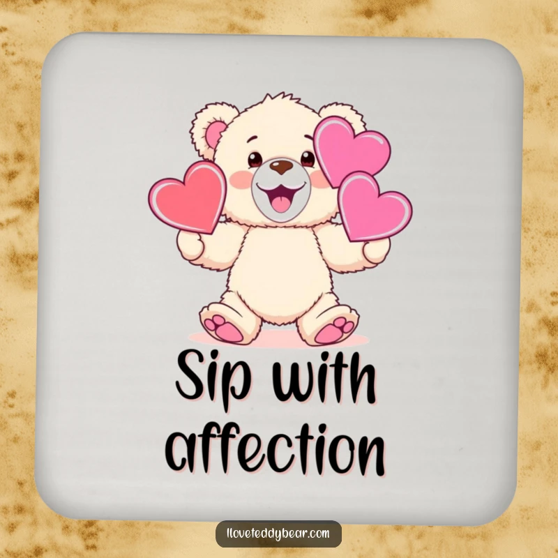 Funny teddy bear juggling hearts, designed for a drink coaster, bringing cute humor.