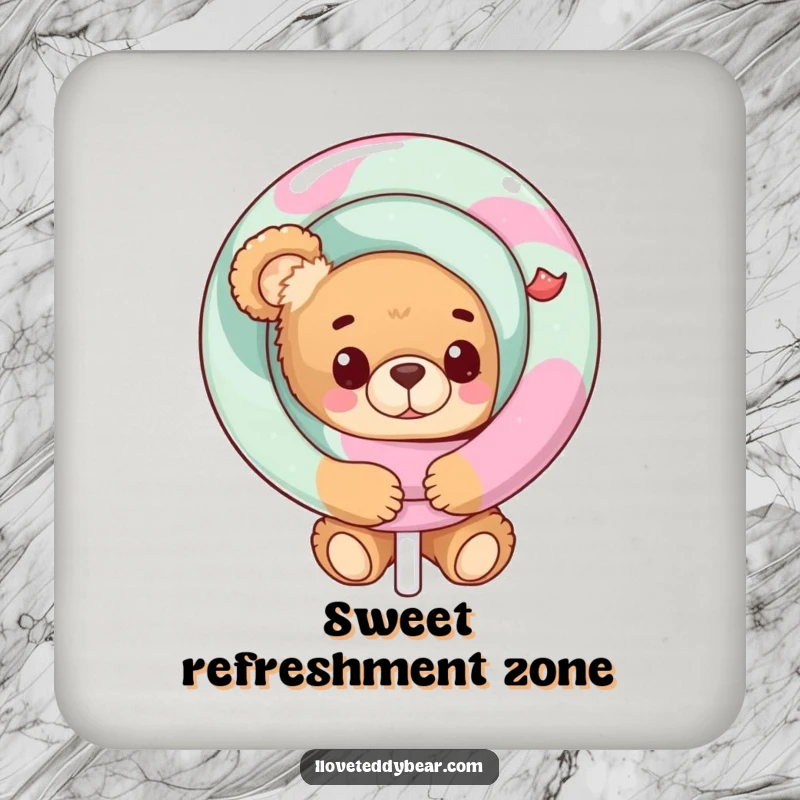 Funny Teddy Bear Coasters with a bear peeking behind a large lollipop, practical for drinks and conversation starters.
