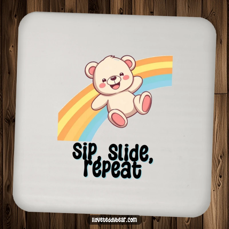 Funny Teddy Bear Coasters with a grinning bear sliding down a colorful rainbow, practical for drinks and conversation starters.