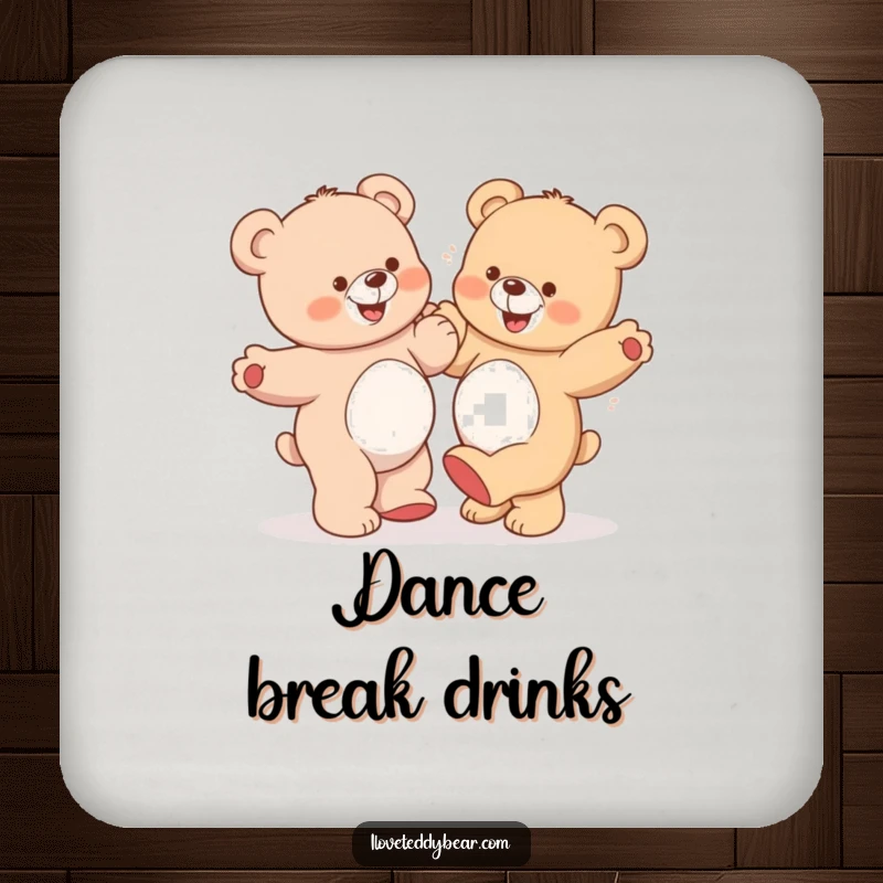 Funny Teddy Bear Coasters: A set of coasters showing two teddy bears dancing sillily, one with a comical grin, for playful decor.