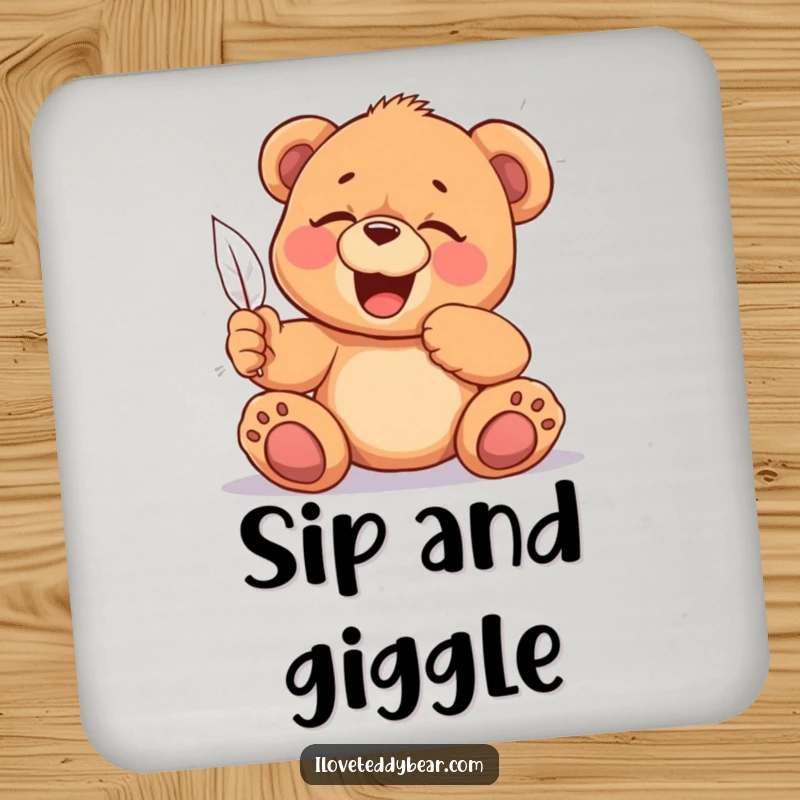 Funny Tickled Teddy Bear Drink Coasters: Set featuring a teddy bear giggling from a feather tickle, adding amusement and protecting surfaces, ideal funny gift.