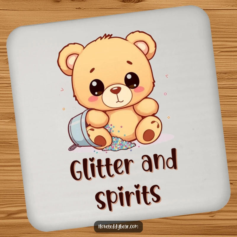 Funny drink coaster showing a teddy bear with wide eyes, spilling a bucket of glitter, protecting surfaces with humorous, sparkling flair.