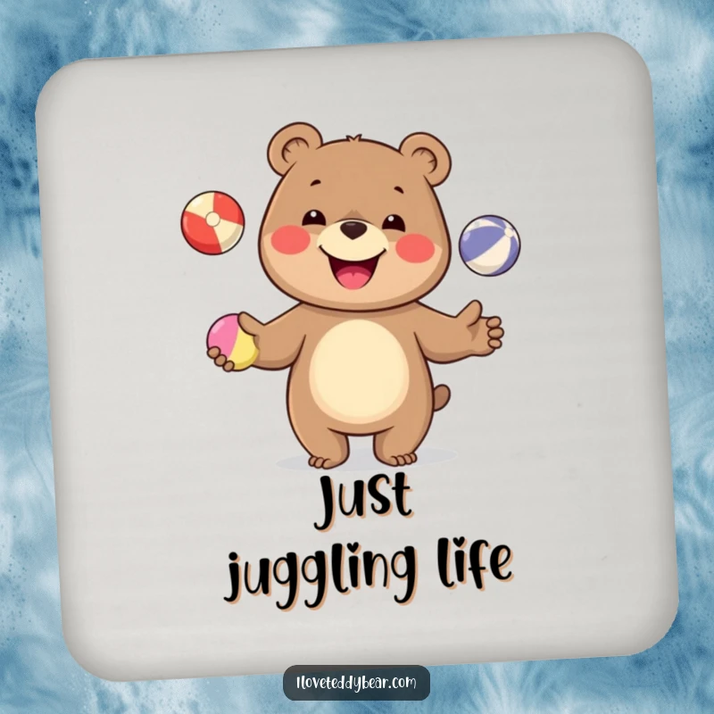 Funny drink coasters featuring a happy bear juggling colorful balls, adding a playful and protective element to any table setting.