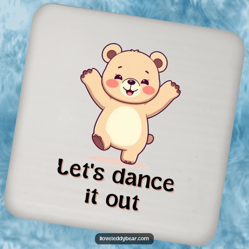 Funny drink coasters featuring a bear in a joyful, energetic dance, adding a playful and protective element to any surface.