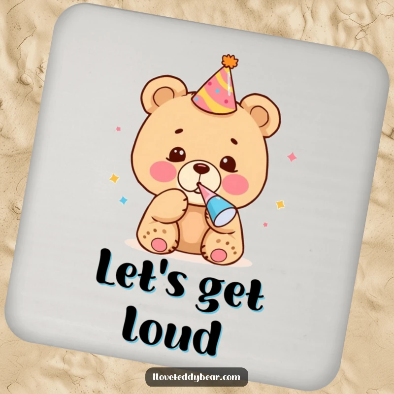 Funny Coaster with a bear cub blowing a noisemaker, protecting surfaces with festive fun and humor.