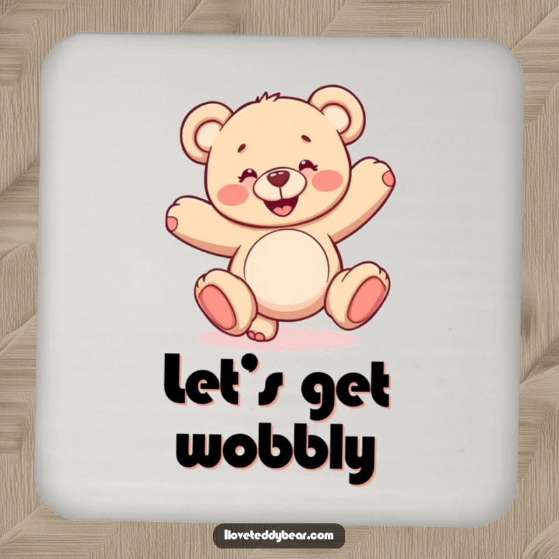 Funny drink coaster featuring a grinning teddy bear doing a shaky cartwheel. A humorous and protective accessory.