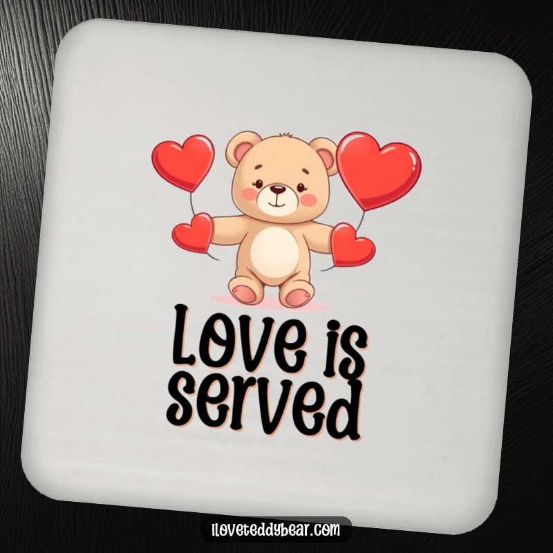 Funny Teddy Bear Coasters showing a bear comically juggling three large red hearts, perfect for drinks and conversation starters.