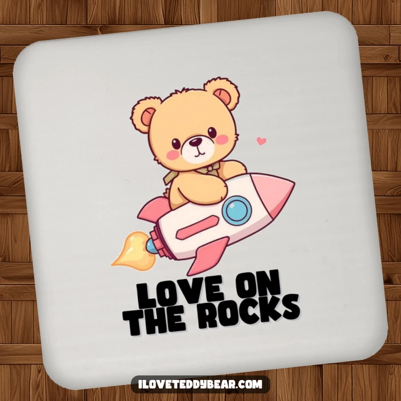 Funny drink coaster featuring a delightful teddy bear riding a heart-shaped rocket, adding a playful touch to beverage service.