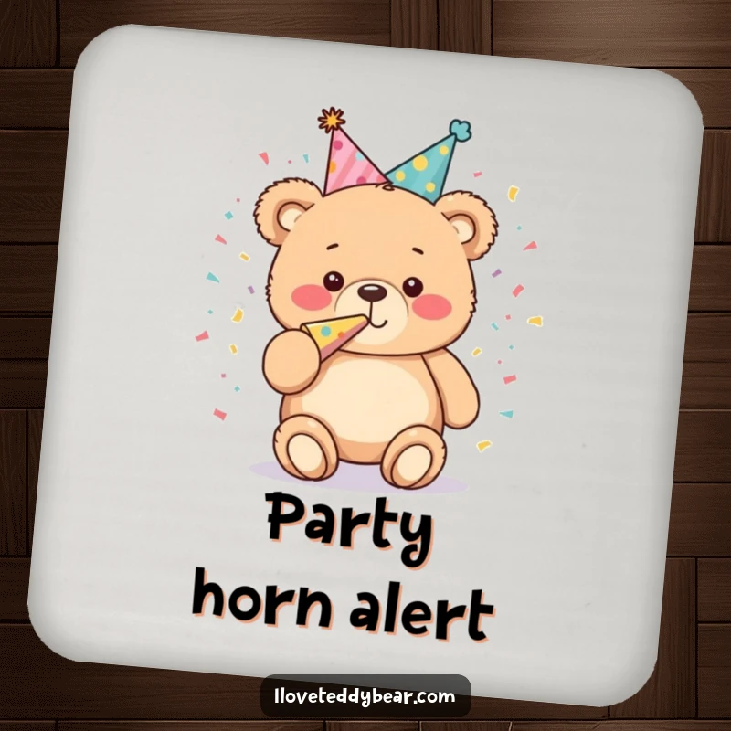 Funny Coaster Set: Plump teddy bears in party hats blow confetti horns, adding a festive and humorous touch to your drink station.