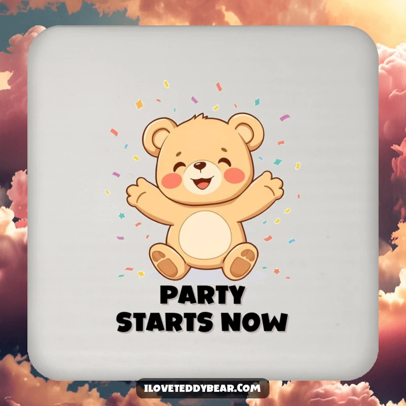 Funny teddy bear character joyfully throwing confetti, showcased on a set of drink coasters for party protection.