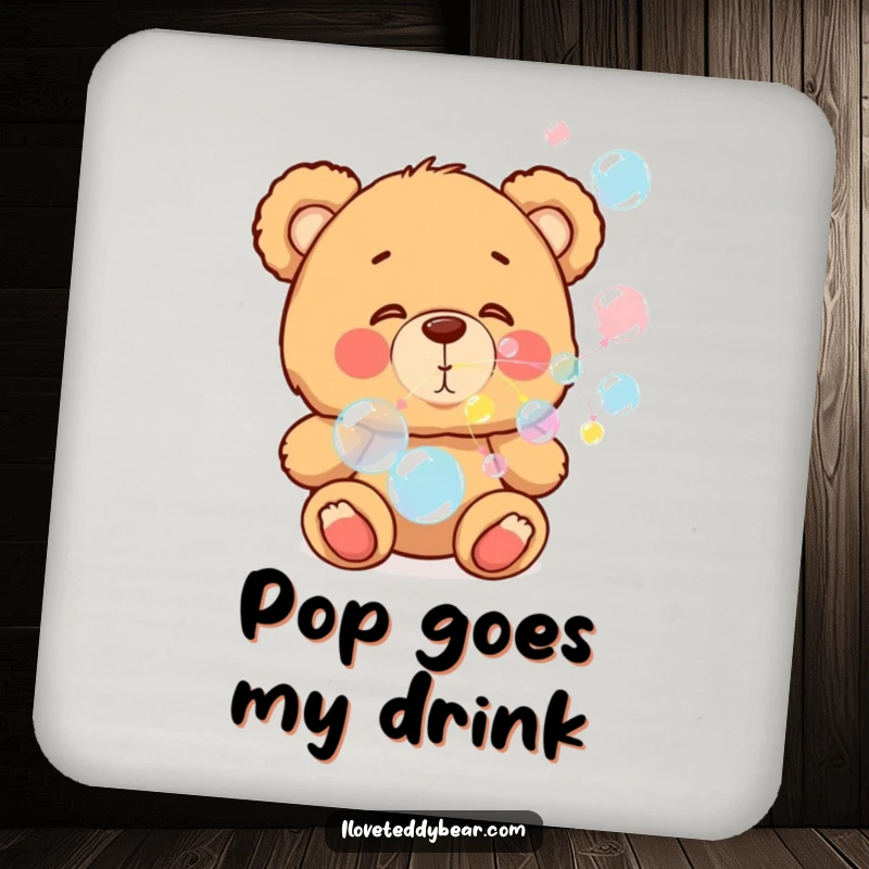 Funny drink coaster with a teddy bear blowing colorful bubbles, adding a cheerful and playful touch to any table.