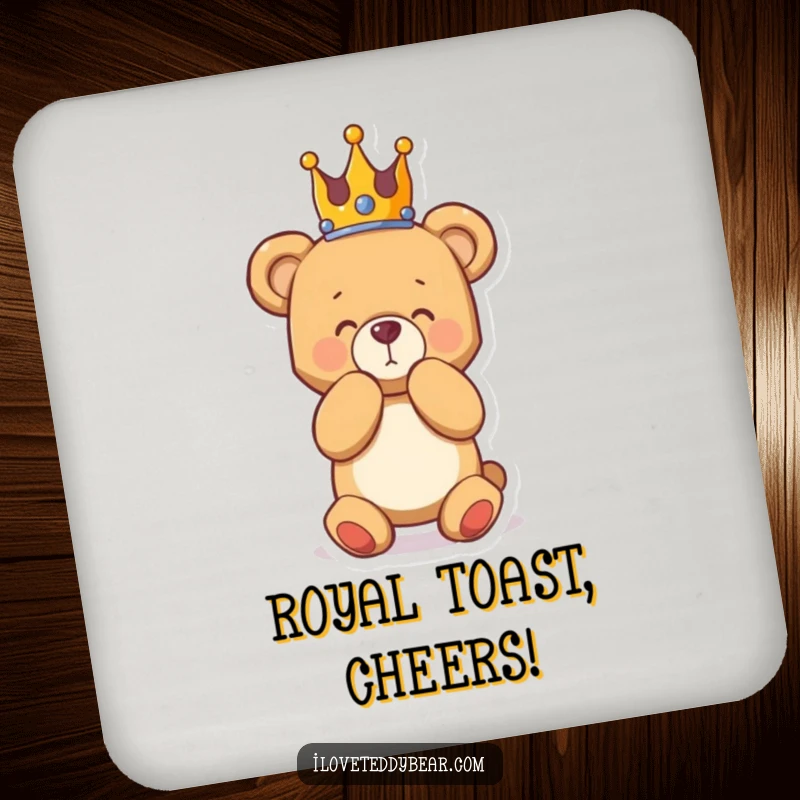 Funny drink coaster showcasing a teddy bear in a crown, bowing with flourish, protecting furniture with humorous, royal elegance.