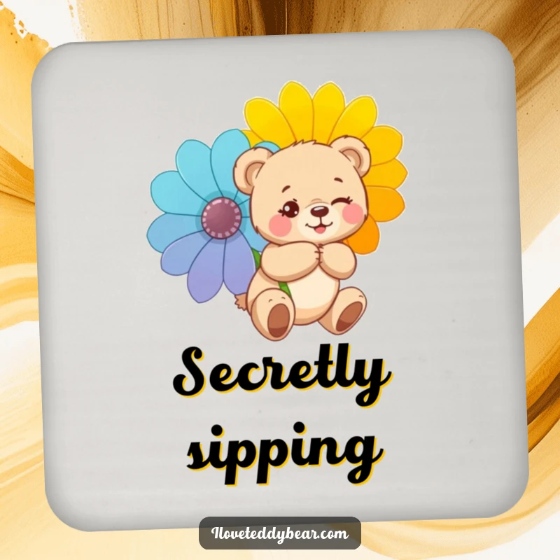 Funny drink coaster showing a teddy bear winking mischievously, holding a flower behind its back, protecting surfaces with secret charm.