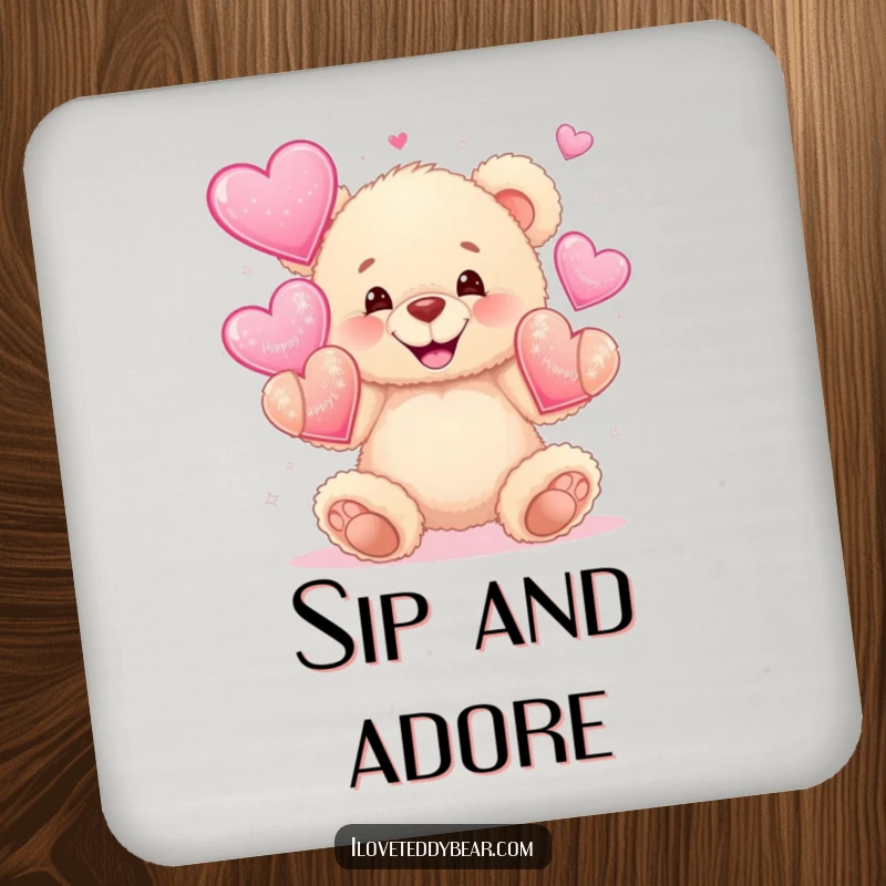 Funny drink coaster of a fluffy teddy bear wide grinning while juggling sparkly hearts, adding a touch of loving charm.