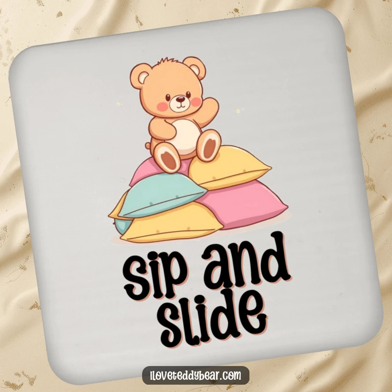 Funny drink coaster featuring a teddy bear playfully tripping and landing on a pile of pillows, adding a touch of whimsical fun.