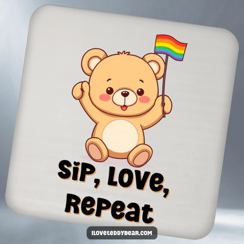 Funny drink coaster featuring a teddy bear enthusiastically waving a tiny rainbow flag, protecting surfaces with prideful humor.