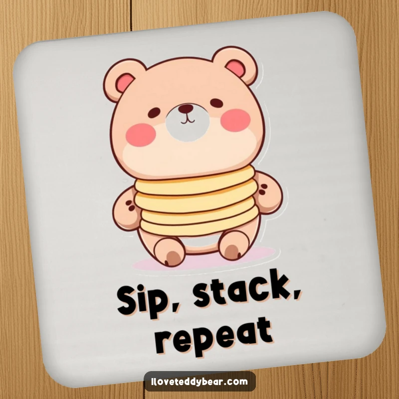 Funny pancake bear coasters, round bear with rosy cheeks balancing pancakes, cute cartoon art, table protection.