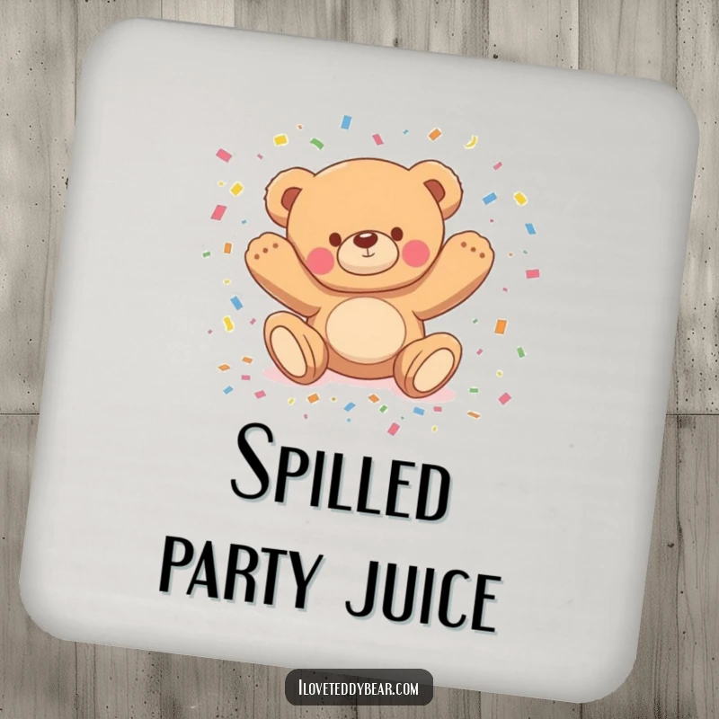 Funny drink coaster featuring a teddy bear comically tripping and scattering confetti, adding festive charm to any surface.