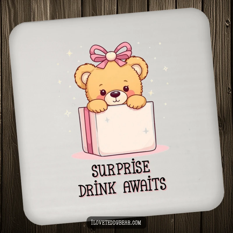 Funny drink coaster featuring a teddy bear peeking from behind a sparkly present, adding playful charm to any surface.