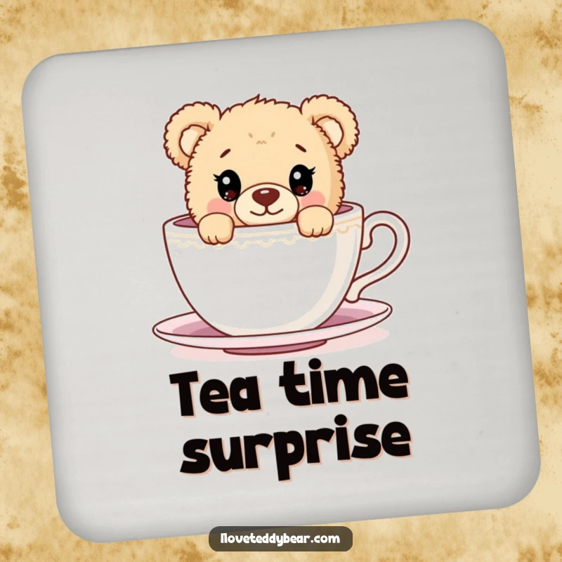 Funny Coaster depicting a teddy bear peeking with big, curious eyes from behind a giant teacup, adding a touch of whimsy to your drinks.