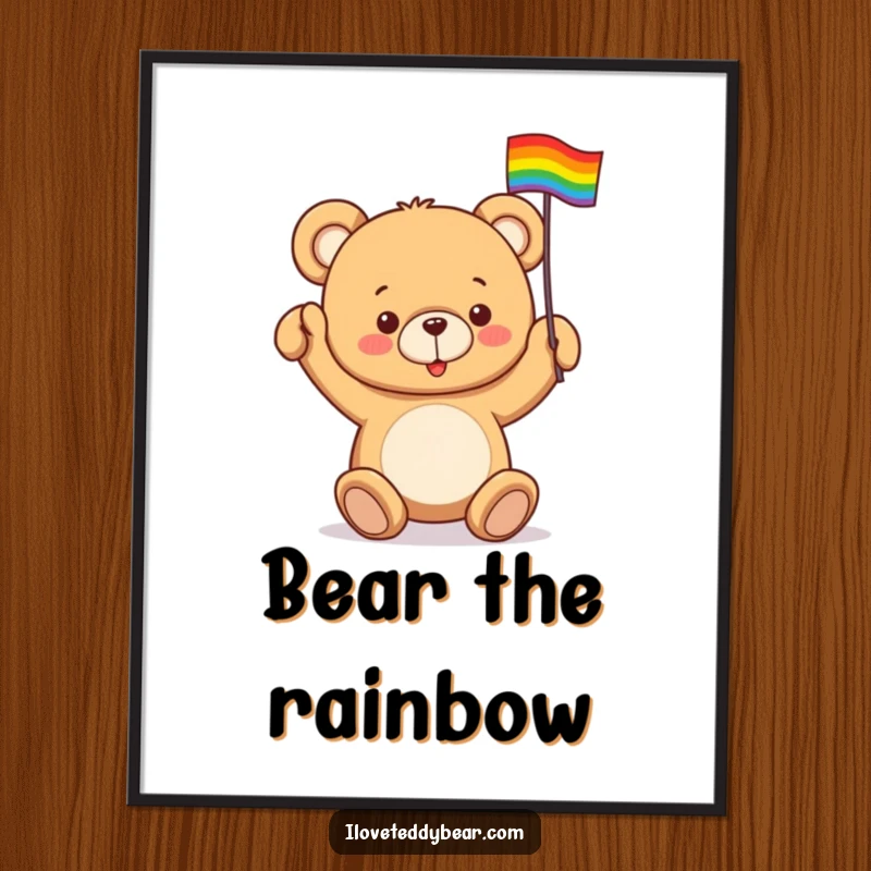 Funny poster featuring a teddy bear enthusiastically waving a tiny rainbow flag, creating a joyful and prideful piece.