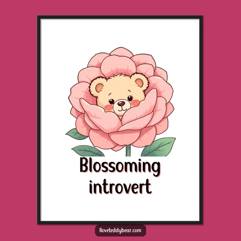 Funny Shy Bear Poster: Adorable Teddy Peeking Behind Flower, Whimsical Wall Art Decor