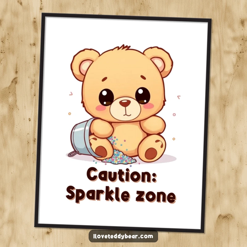 Funny poster depicting a wide-eyed teddy bear accidentally spilling a bucket of glitter, creating a delightful and humorous visual.
