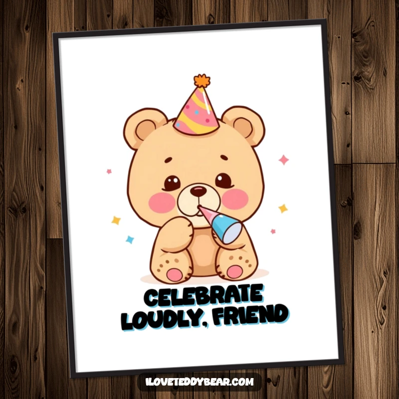 Funny Poster of a bear cub in a party hat blowing a noisemaker, bringing festive cheer and humor to wall decor.