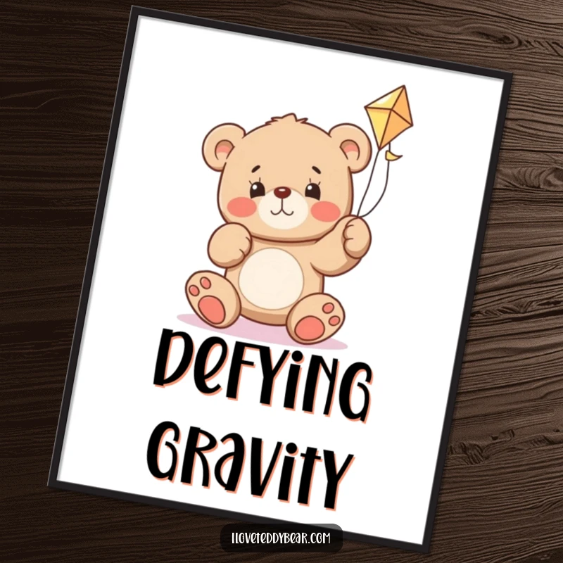 Funny teddy bear poster showing a bear with a determined expression, struggling to get a kite airborne against a strong wind.